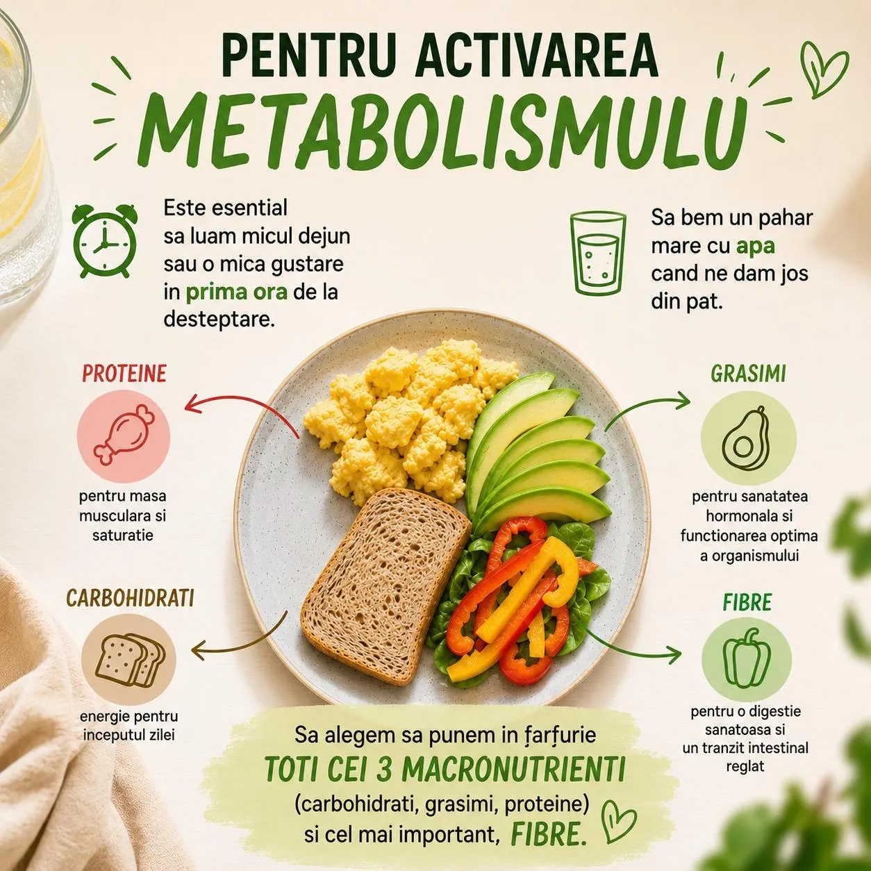 Infografic despre activarea metabolismului și cei 3 macronutrienți din farfurie.