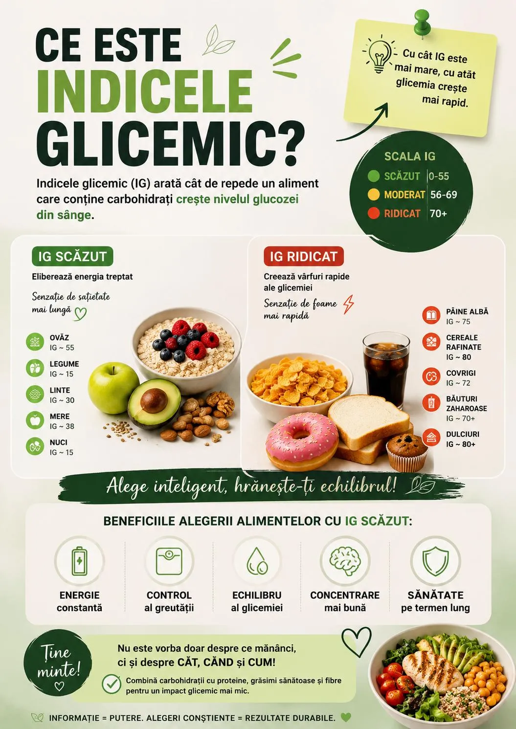 Infografic despre indicele glicemic: alimente cu IG scăzut vs. ridicat.