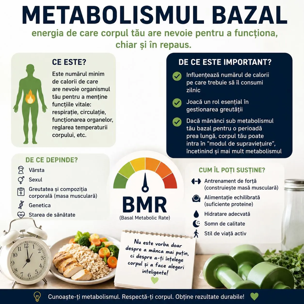 Infografic despre metabolismul bazal (BMR): ce este, de ce contează și cum îl susții.
