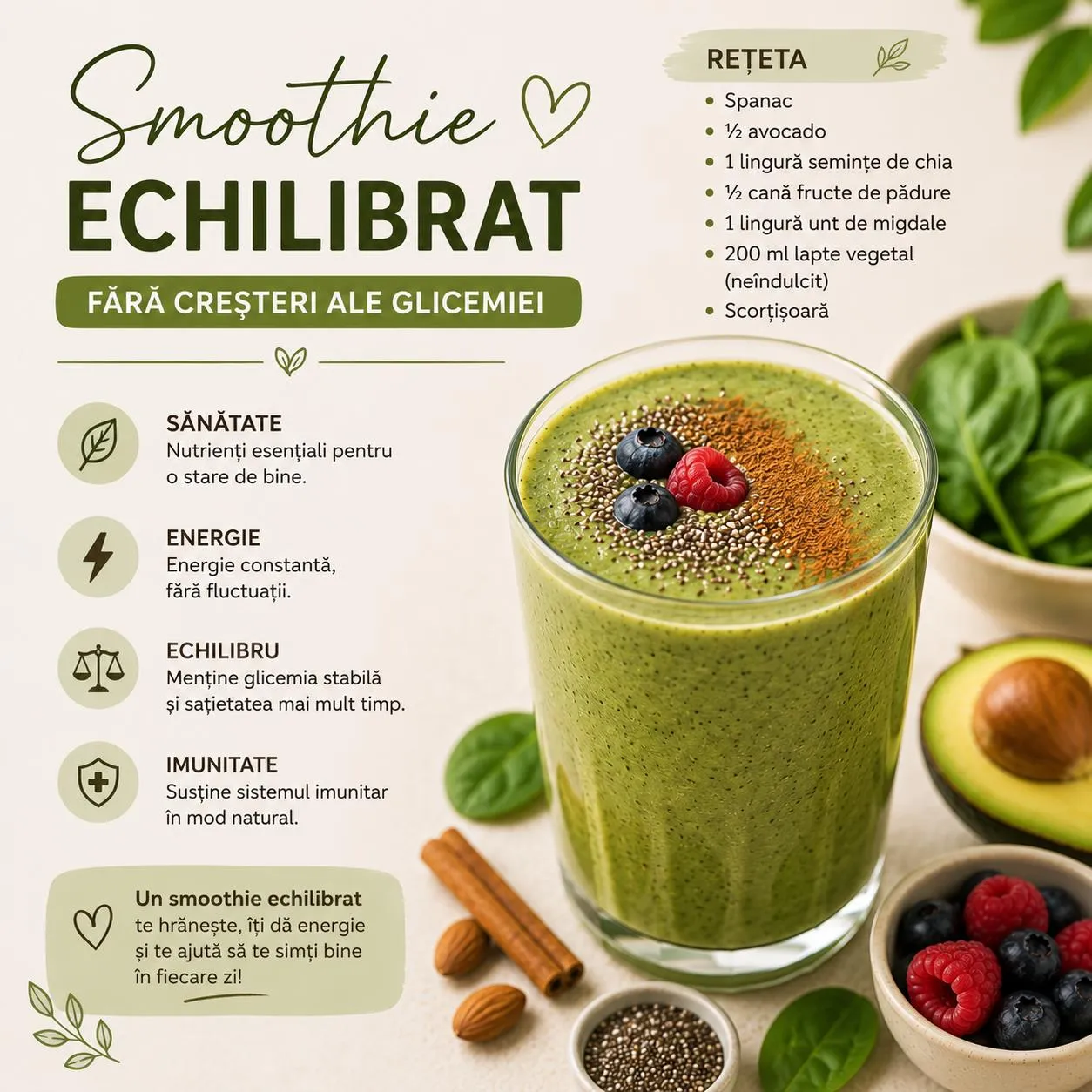 Rețetă de smoothie echilibrat, fără creșteri bruște ale glicemiei.